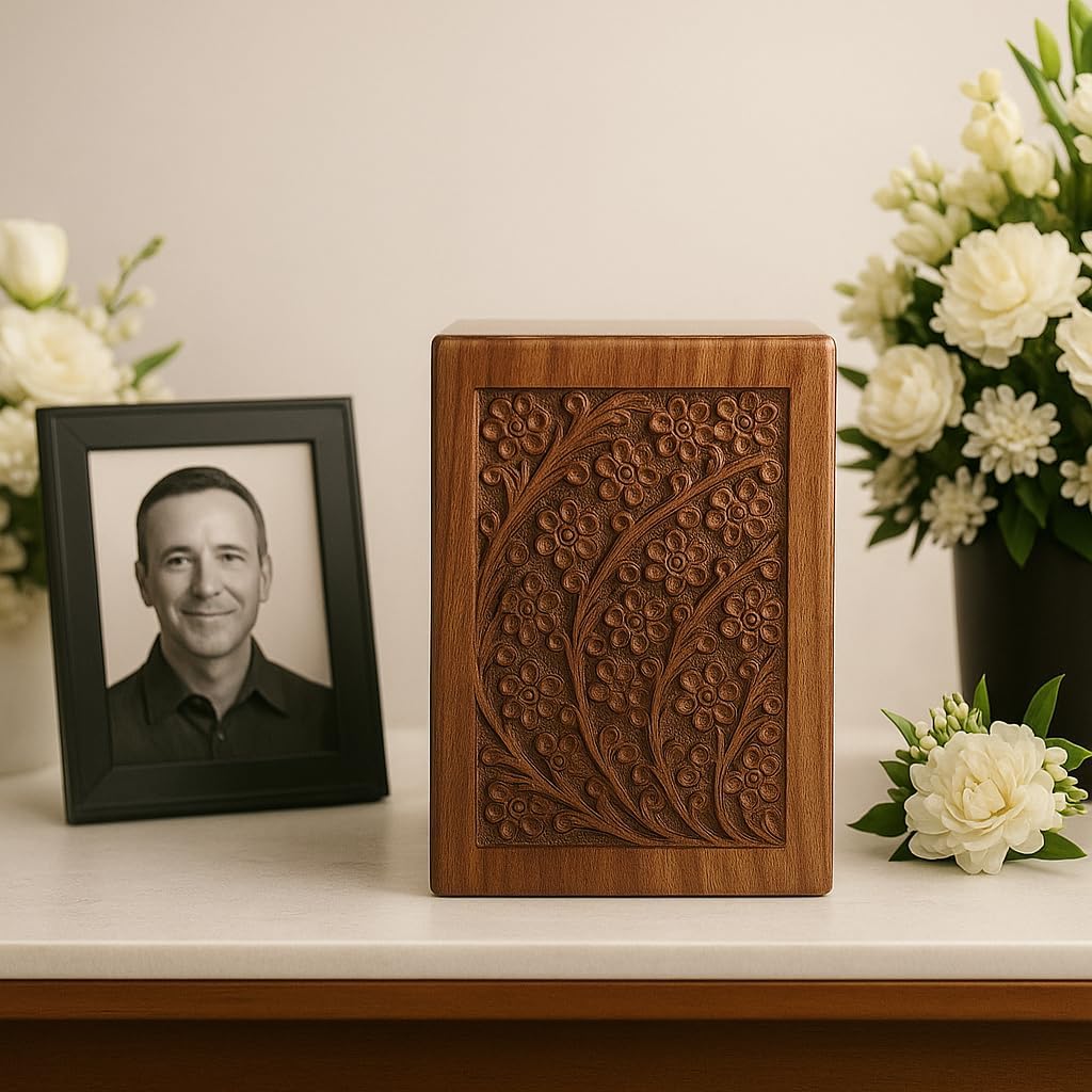 Handcrafted Wooden Cremation Urn for Human Ashes – Floral Carved Memorial Box Made from Mango Wood | In 3 Sizes (7.5x3.5x5, 6.5x4x2.6, 5x3x2.8 Inches).