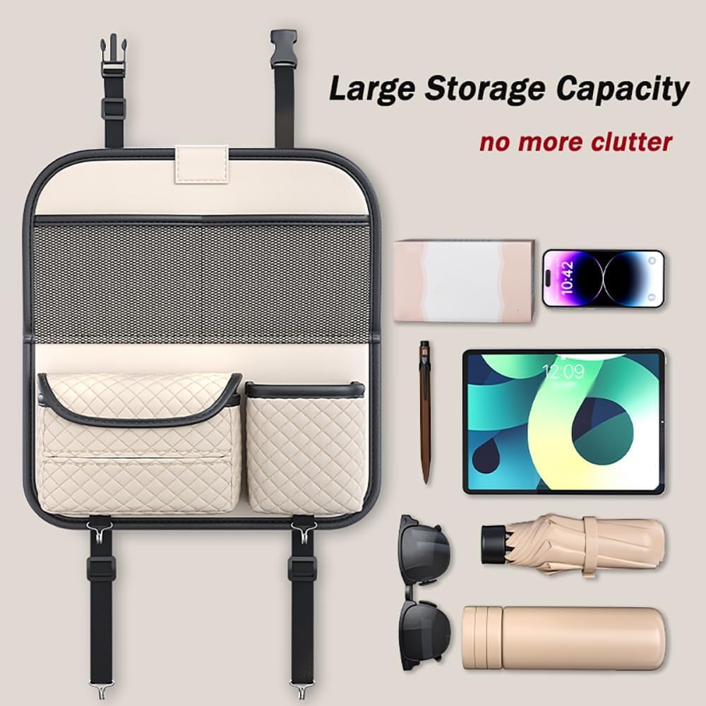 Auto Organizer für VW CC T ROC Bora EOS UP Caddy Golf Polo Jetta New Beetle, Autositz Organizer mit Klapptisch Multifunktional Wasserdicht Auto Rücksitz Organizer,Beige