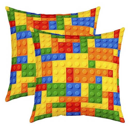 Feelyou Set of 2 Games Throw Pillow Covers, Color Building Blocks Cushion Case for Home Living Room Decor, Reversible Toy Brick Decorative Throw Cushion Case, 20x20 Inches