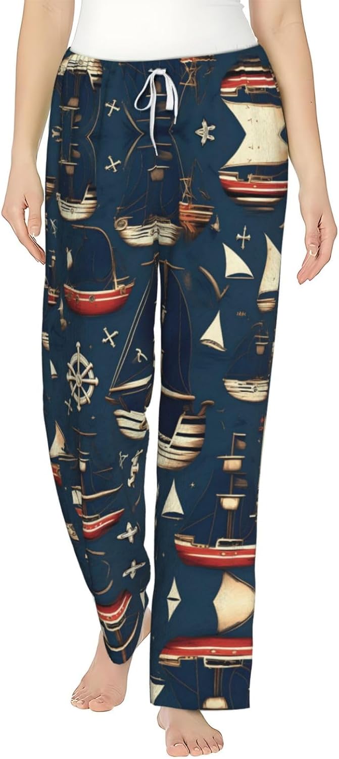 Nautical Sailing Pirate Theme Print Cozy Flannel Pajama Pants For Women,Warm Christmas Pj Pants,Cute Fleece Pajamas