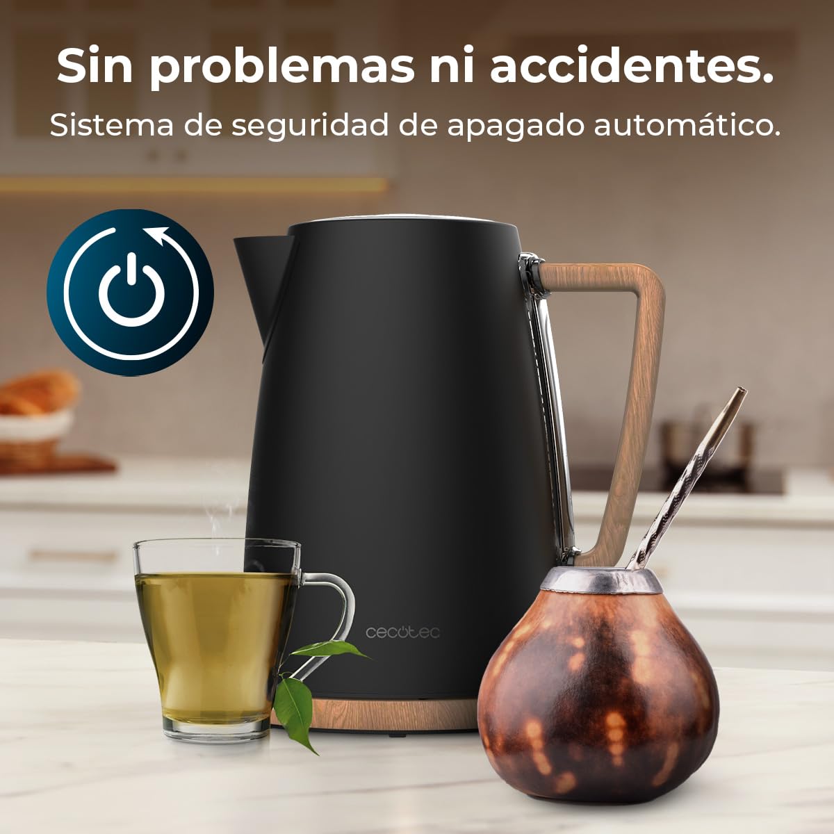 Cecotec Hervidor de Agua Eléctrico ThermoSense 200 Woody, 1,7 Litros, 2200 W, Fabricado en Acero inoxidable, Diseño elegante, Base con giro 360º, Filtro antical desmontable y lavable