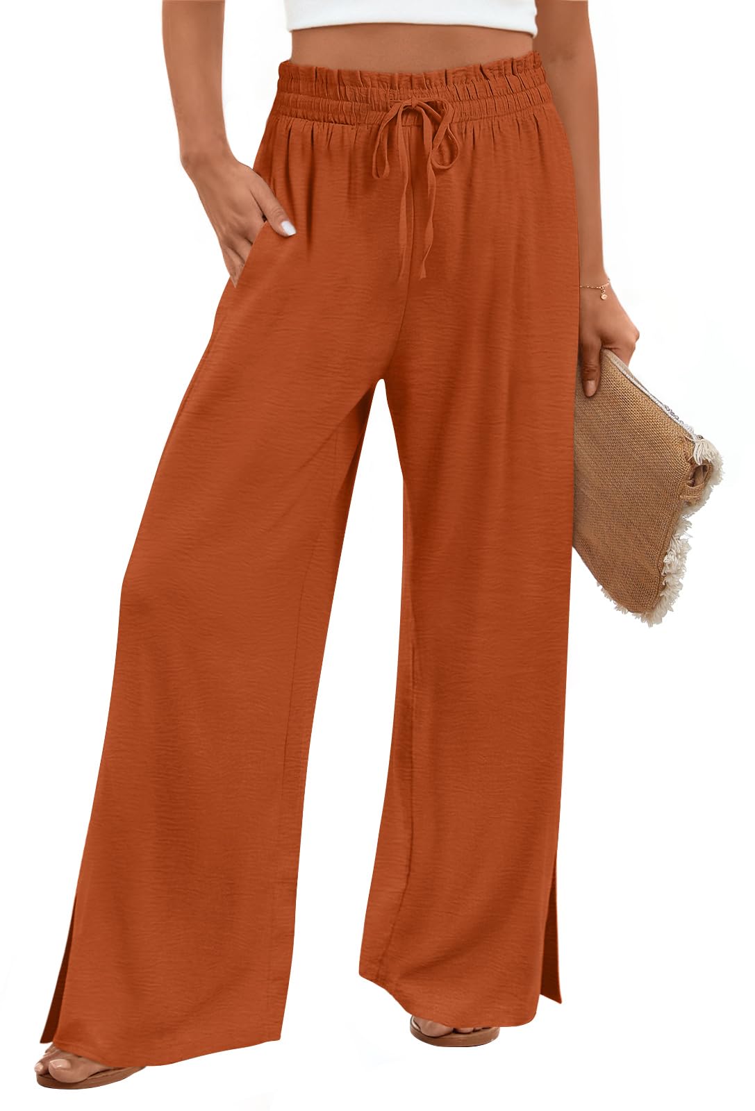 HOTGIFT 2026 Womens Pants Wide Leg High Waisted Adjustable Drawstring Trousers with Pockets Casual Lightweight