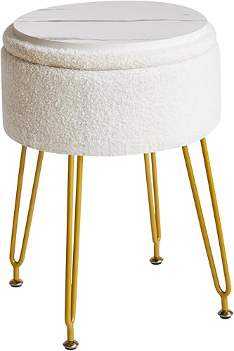 IBUYKE Taburete Otomano con Almacenamiento de Terciopelo Estilo Teddy, Taburete de Maquillaje con Mesa Lateral Desmontable, Patas de Acero Dorado,