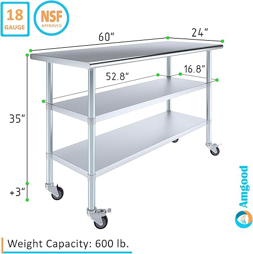 Miniatura 3 de AmGood Stainless Steel Work Table with 2 Shelves and Casters  Metal Utility Table On Wheels (Stainless Steel Work Table with 2 Shelves + Casters,