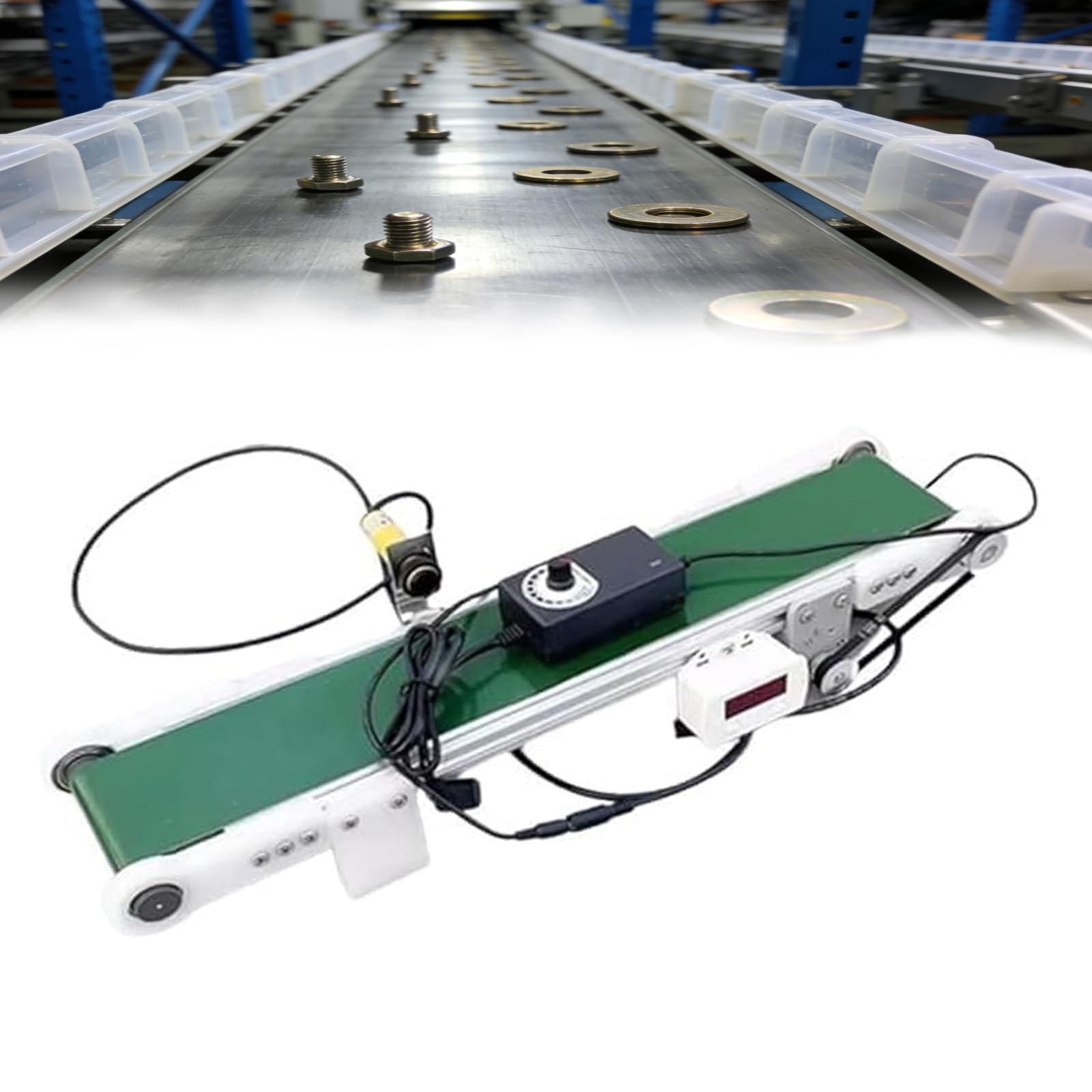 Mini cinta transportadora con contador automático, modelo de escritorio de 10 x 100 cm, velocidad ajustable de 1,8 a 7,6 cm, marco de acero inoxidable para ciencia y transporte de objetos pequeños