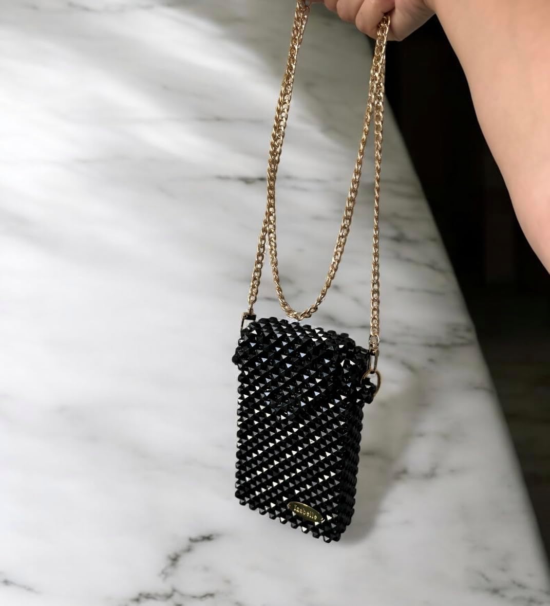 Phone Case Holder Crossbody Bag, Black Beaded with Gold Chain Strap and Magnetic Closure