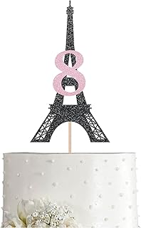 Paris 8th Birthday Cake Topper Black Pink Glitter Girl 8 Years Birthday Party Decoration, Supplies
