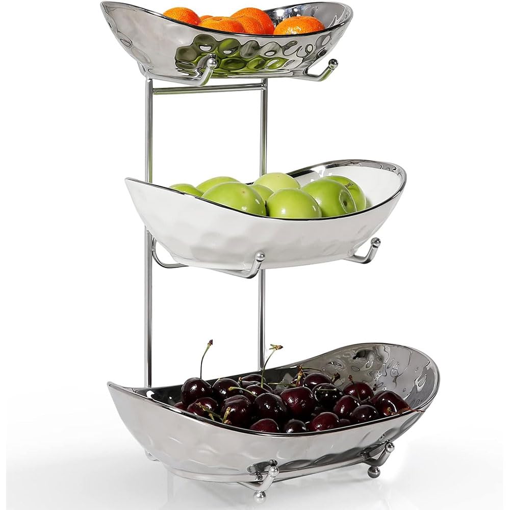Frutero de cerámica de 3 niveles, estante decorativo para verduras, aperitivos y frutos secos