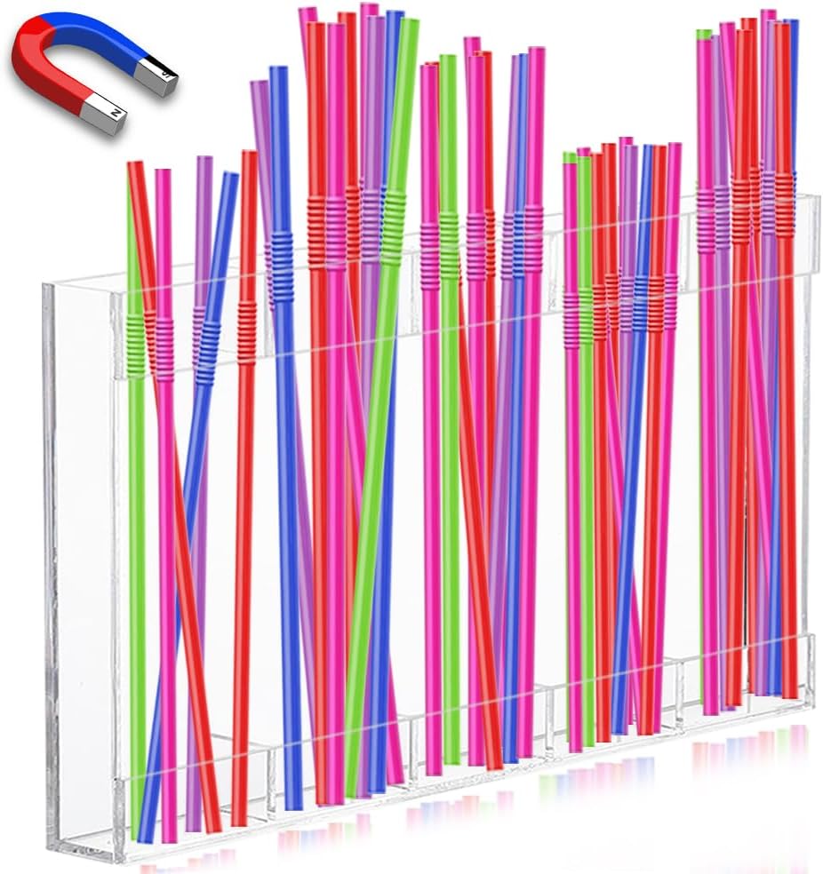 Straw Holder for Cabinet Door, Acrylic Straw Organizer Storage Dispenser, Space Saving Kitchen Accessories Container with Ultra Sticky Adhesive Strips