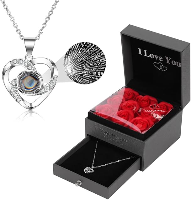 Preserved Rose Eternal 9 flowers Handmade Preserved Rose with Love You Necklace, Best Romantic Gifts for Women&Her&Mum on Valentines Day, Mothers Day, Anniversary, Birthday,Christmas (Silver)