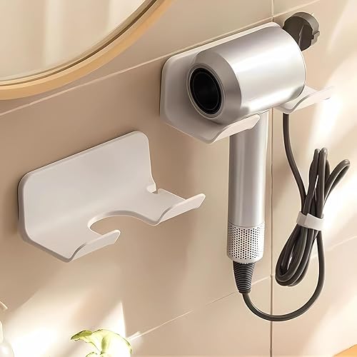 Miniatura 6 de Soporte universal para secador de pelo, colgador de pared para secador de pelo con enchufe y organizador de cables, autoadhesivo para gabinete de