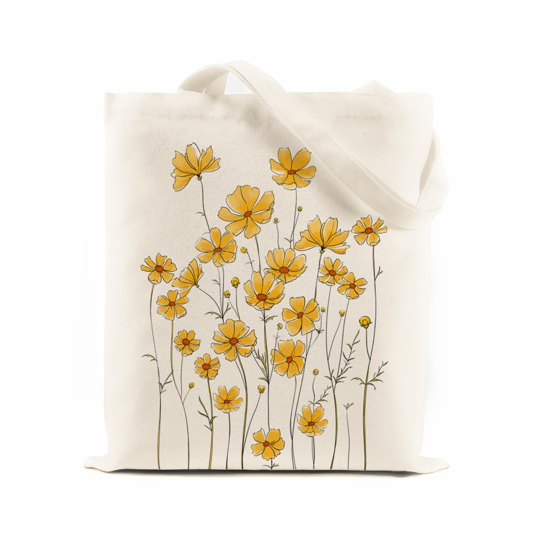 khanoqq Aesthetic Canvas Tote Bag for Woman, Shoulder Bag with Inner Pocket, Reusable Shopping Grocery Bag, Yellowcosmos, 16 x 14 inches