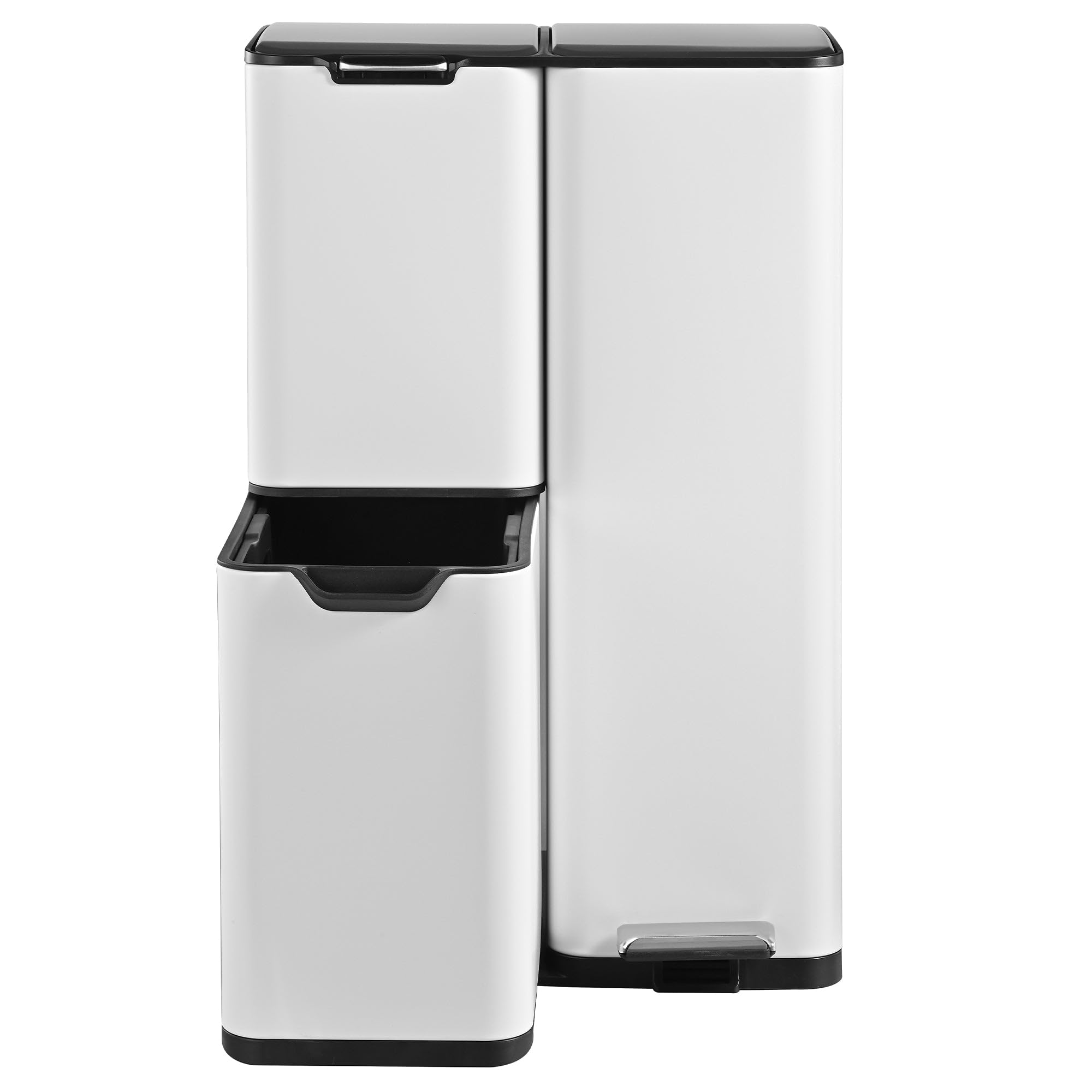 KITCHEN MOVE HAJA Mülleimer für die Küche, mit Tretschalter, Mülltrennung, Recycling, 60 l (13 + 17 + 30 l) aus Edelstahl, weiß, mit Eimer