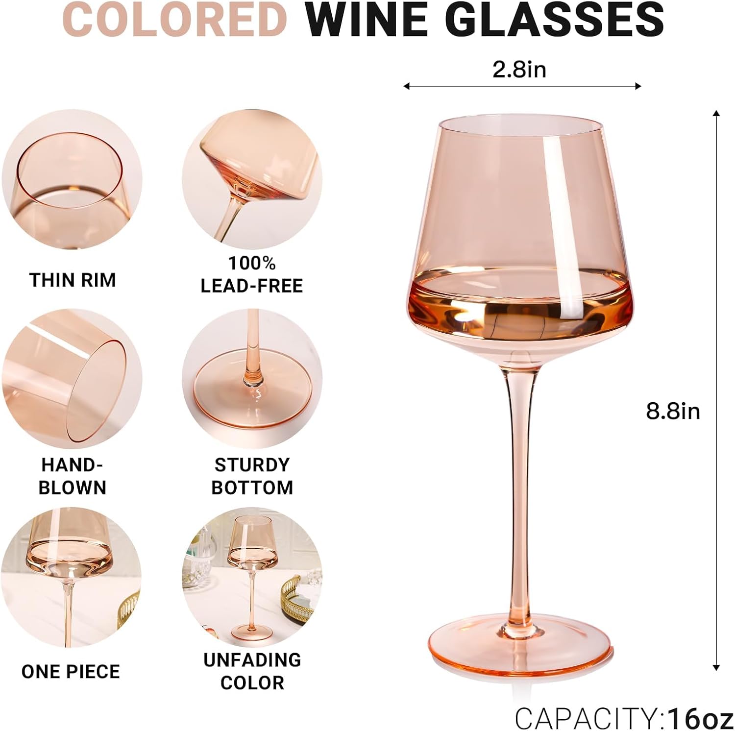 comfit Colored Wine Glasses Set of 6-16oz Hand Blown Crystal Colorful Glassware with Long Stem, Multicolor Glassware for Wine Lovers, Anniversary, WeddingGifts for Women