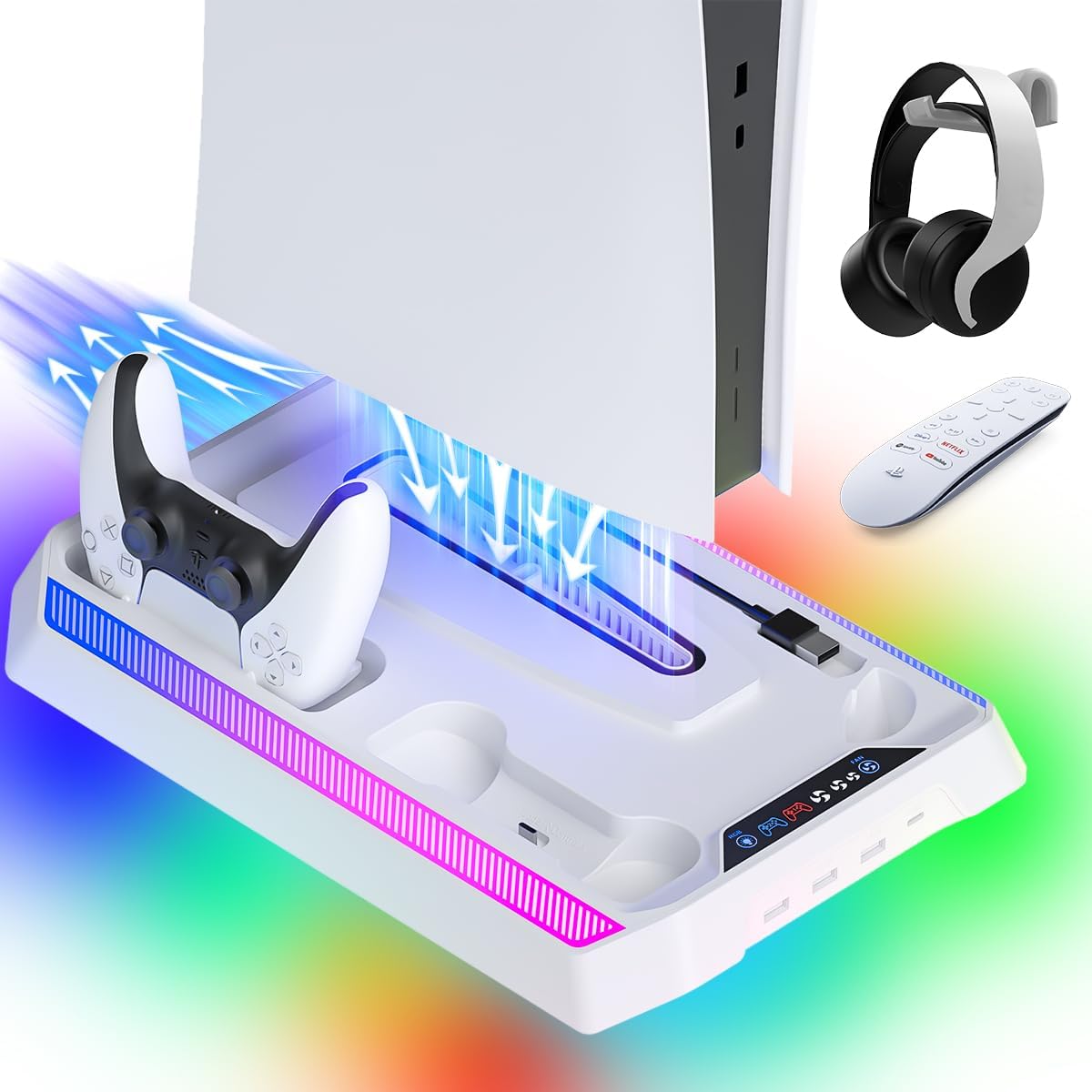 W&O PS5/Slim/Pro Stand ps5 Cooling Station with LED Controller Charging Station for PlayStation 5 Console, Controller Charger, Cooling Stand, PS5/Slim/Pro Accessories Kit with 3 Level Cooling Fan