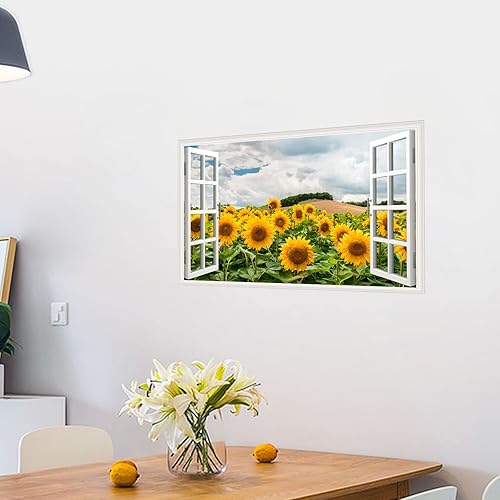 Miniatura 9 de Adhesivo de pared de girasol, removible 3D, para ventanas falsas, vinilo autoadhesivo con girasol, para ventana, decoración de dormitorio, sala de