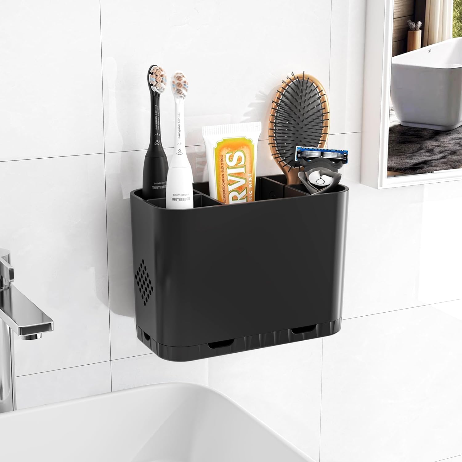 5 Slots Detachable Toothbrush Holder Set - for Bathroom Countertop, Black