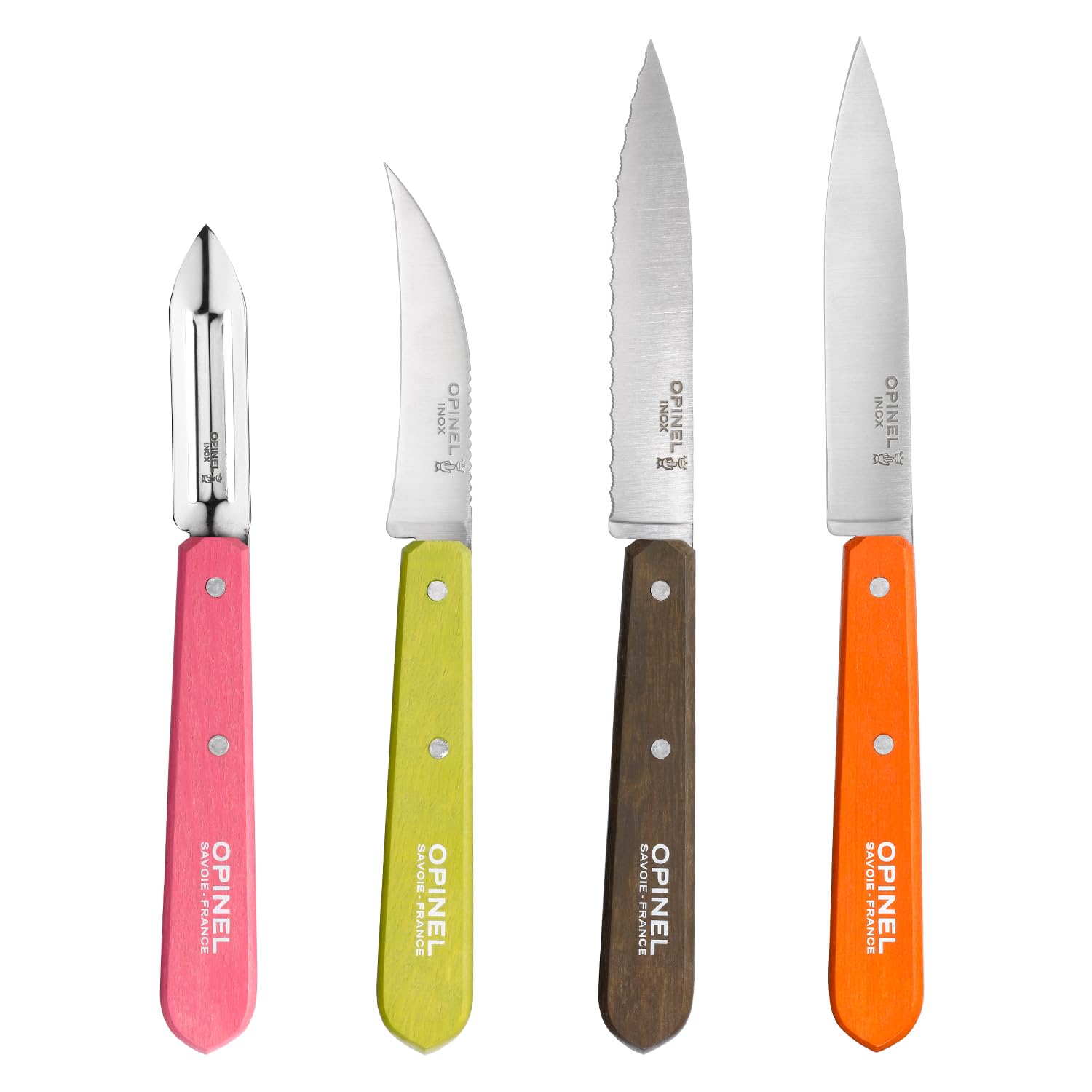 Les Essentials - Small Kitchen 4 Piece Knife Set - Paring, Serrated, Peeler, Vegetable Knife, Corrosion Resistant High Carbon Steel, Made in France (50s)