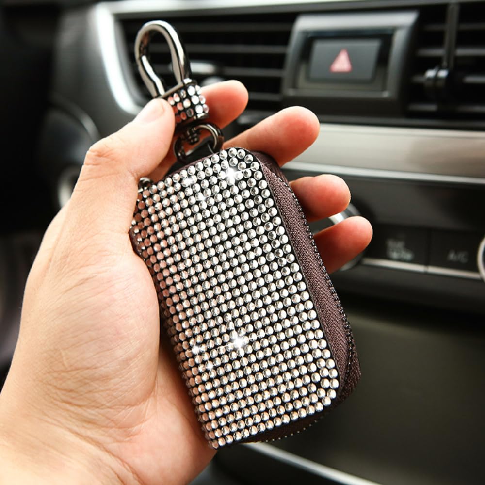 Brillante llavero con brillantes para hombre y mujer, estuche para llaves de coche para hombre y mujer, mini monedero, estuche para llaves con gancho, color rosa