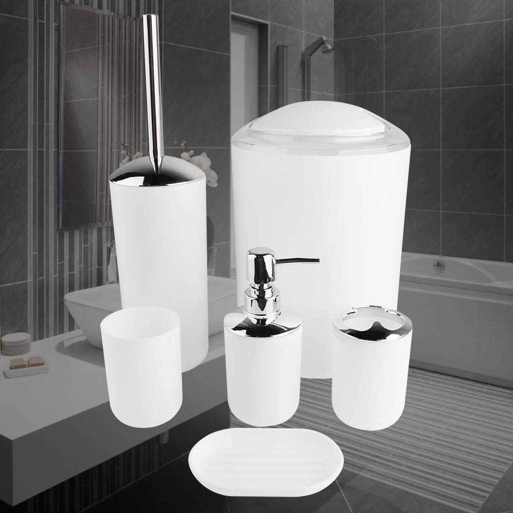 6 unids/Set de Accesorios de baño, Soporte para Cepillo de Dientes, Bote de Basura, dispensador de jabón, Taza de Enjuague, jabonera, portaescobillas de Inodoro(Blanco)