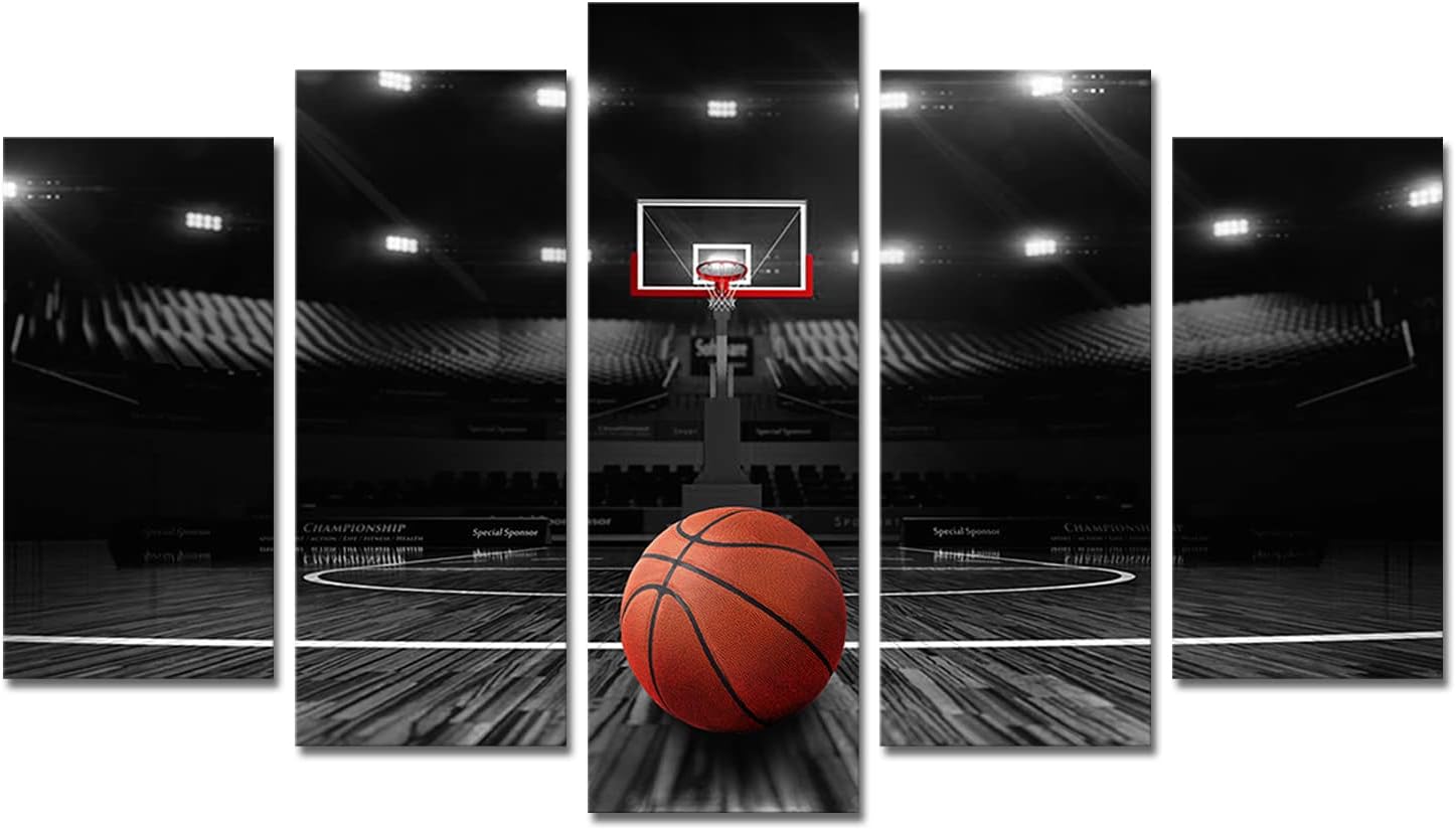 Derkymo 5 Pieces Basketball Court Pictures for Bedroom Black and White Canvas Wall Art Sports Painting Prints Artwork for Living Room Boys Room Stretched and Framed Ready to Hang 24"x40"(5 Pieces)
