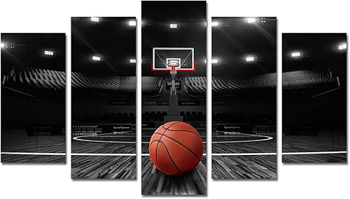 Derkymo 5 imágenes de cancha de baloncesto para dormitorio, lienzo blanco y negro, arte de pared, pintura deportiva, impresiones para sala de estar,