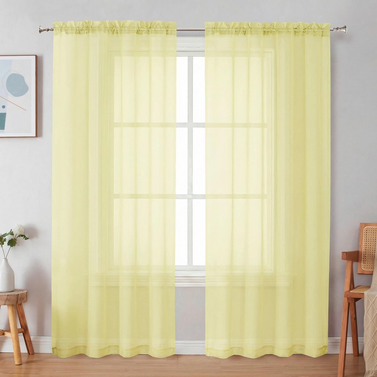 Simplebrand Light Yellow Sheer Curtains 72 Inches Long 2 Panels for Bedroom