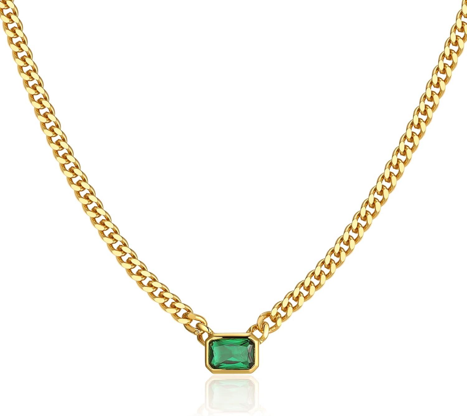 espere Baguette CZ Necklace | Emerald Cut Pendant Cuban Link Chain Choker 14'' with 2'' Extender