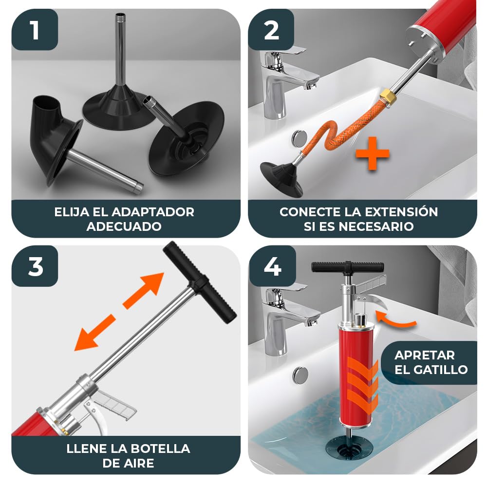 Bomba de limpieza de tuberías XXL [8 bares] - Bomba de drenaje para una limpieza eficaz de tuberías - Limpiador de tuberías de aire comprimido ideal para industria, cocina, baño e inodoro