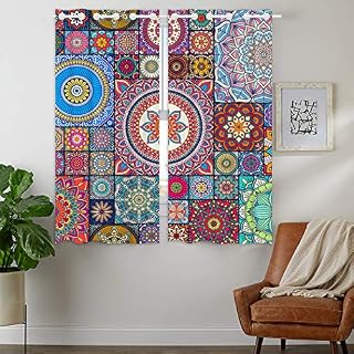 YISUMEI - Thermal Insulated Blackout Curtain Material Ring Top Curtain for Bedroom Livingroom - Stitching Mandala - 110 x 160 cm (WxD) 2 Panels