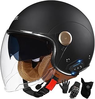 Open Face Motorcycle Bluetooth Helmet,DOT/ECE Approved Vintage Open Face Motorbike Helmet with Double Sun Visor,Crash Jet-...