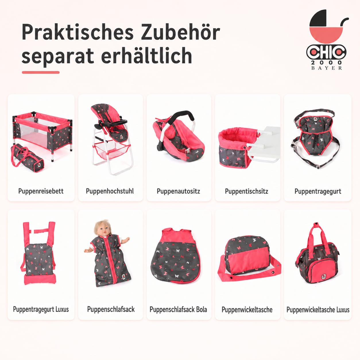 Bayer Chic 2000 Mika wózek dla lalek 2 w 1, koralowy motyl, składany, z regulacją wysokości 47-80 cm, nowoczesny stelaż, lalki do 52 cm, 4-8 J.