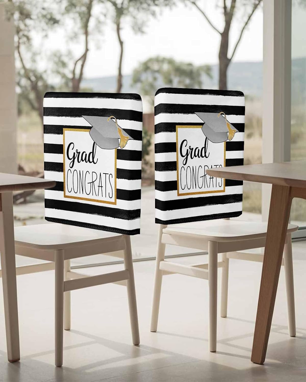 Graduation Trencher Cap Chair Covers Set of 8, Decorative Chair Back Cover, Farmhouse White Black Horizontal Stripes Dining Room Chairslipcovers Removable Protectors Covers for Party