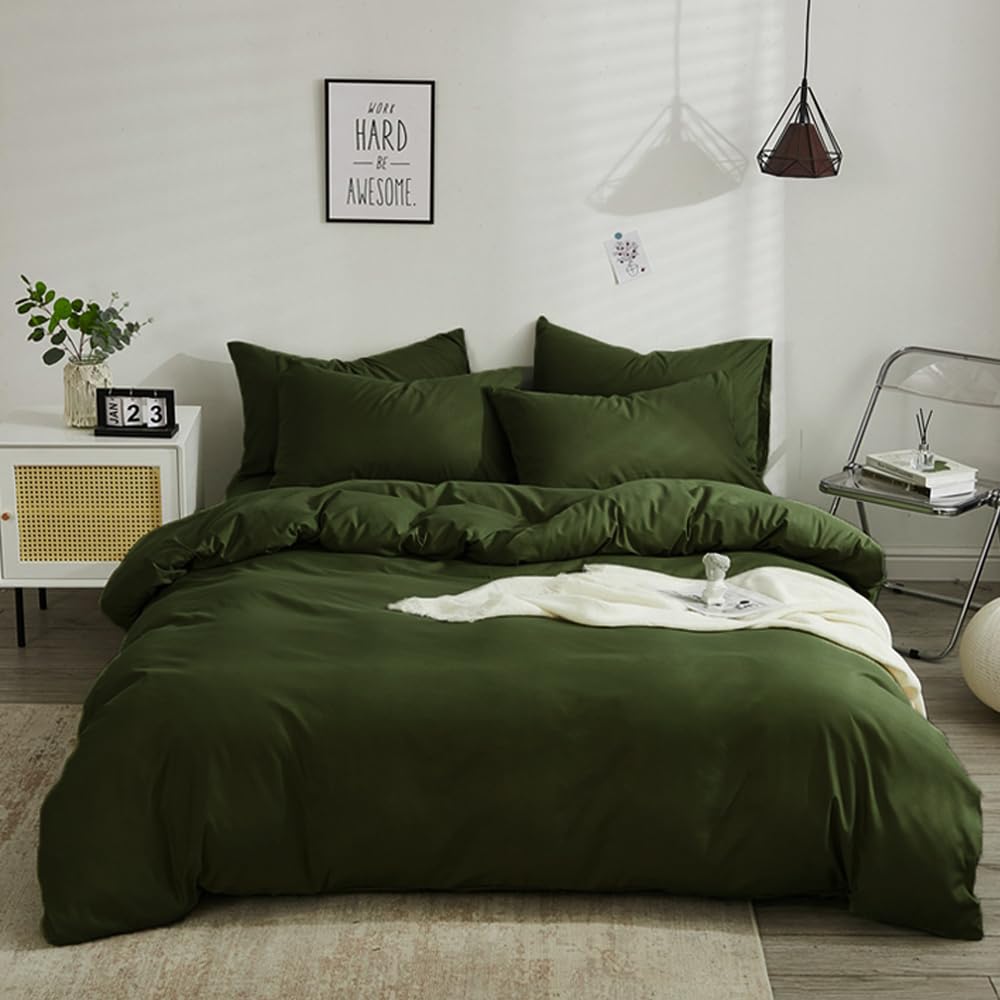 Wellboo Army Green Comforter Sets Full Solid Olive Green Boho Bedding Comforters Cotton Soft Cozy Dark Green Quilt Comforters Women Men Plain Army Green Bedding Modern Hunter Green Blankets Durable