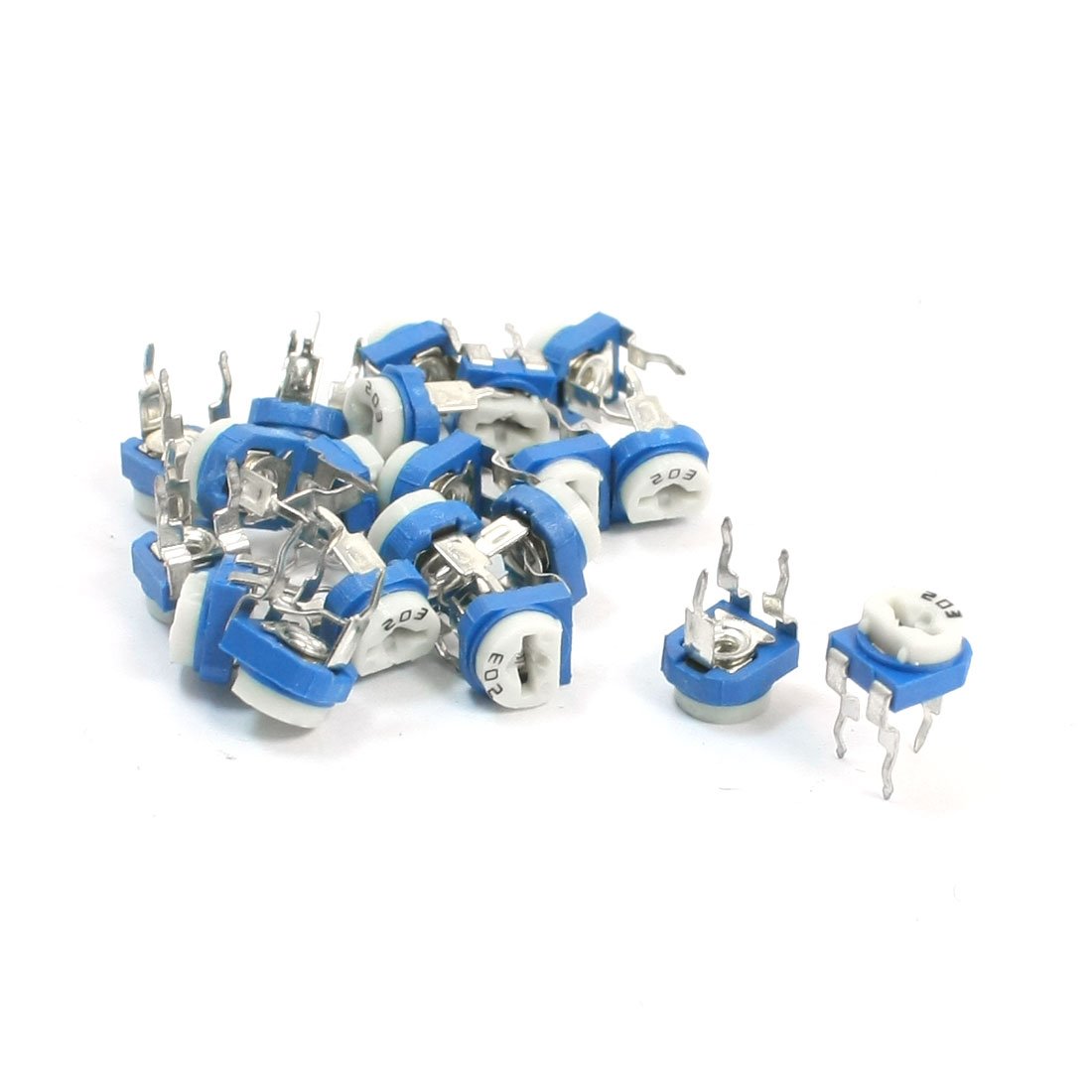 Produktbild von 20 Trimmerpotentiometer 5 KOhm – 3-polig, Horizontal, Blau-weiß, Für Steckbrett & Reparaturen