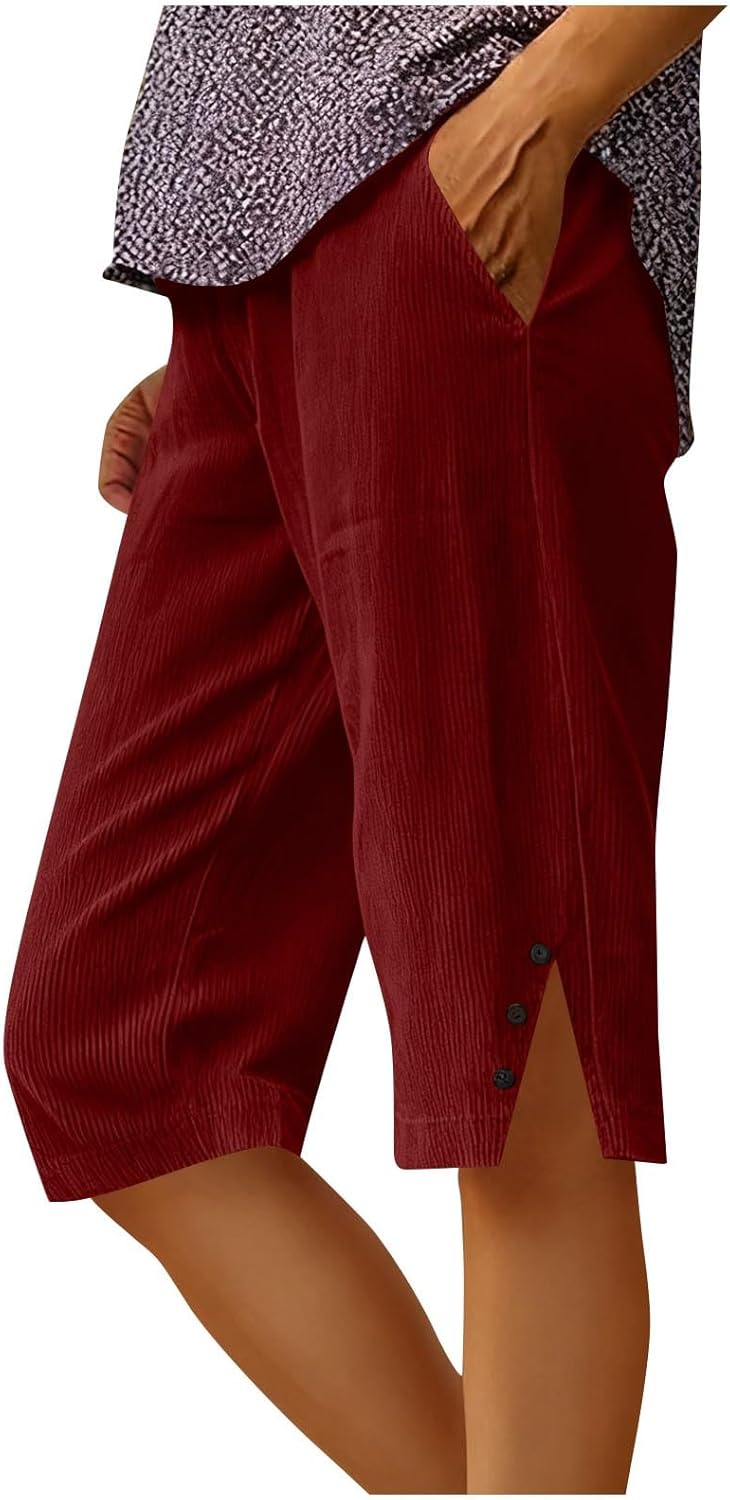 Corduroy Capri Pants for Women Casual Loose Fit Spring Summer Cropped Pants Fashion Slit Bermuda Shorts with Pockets