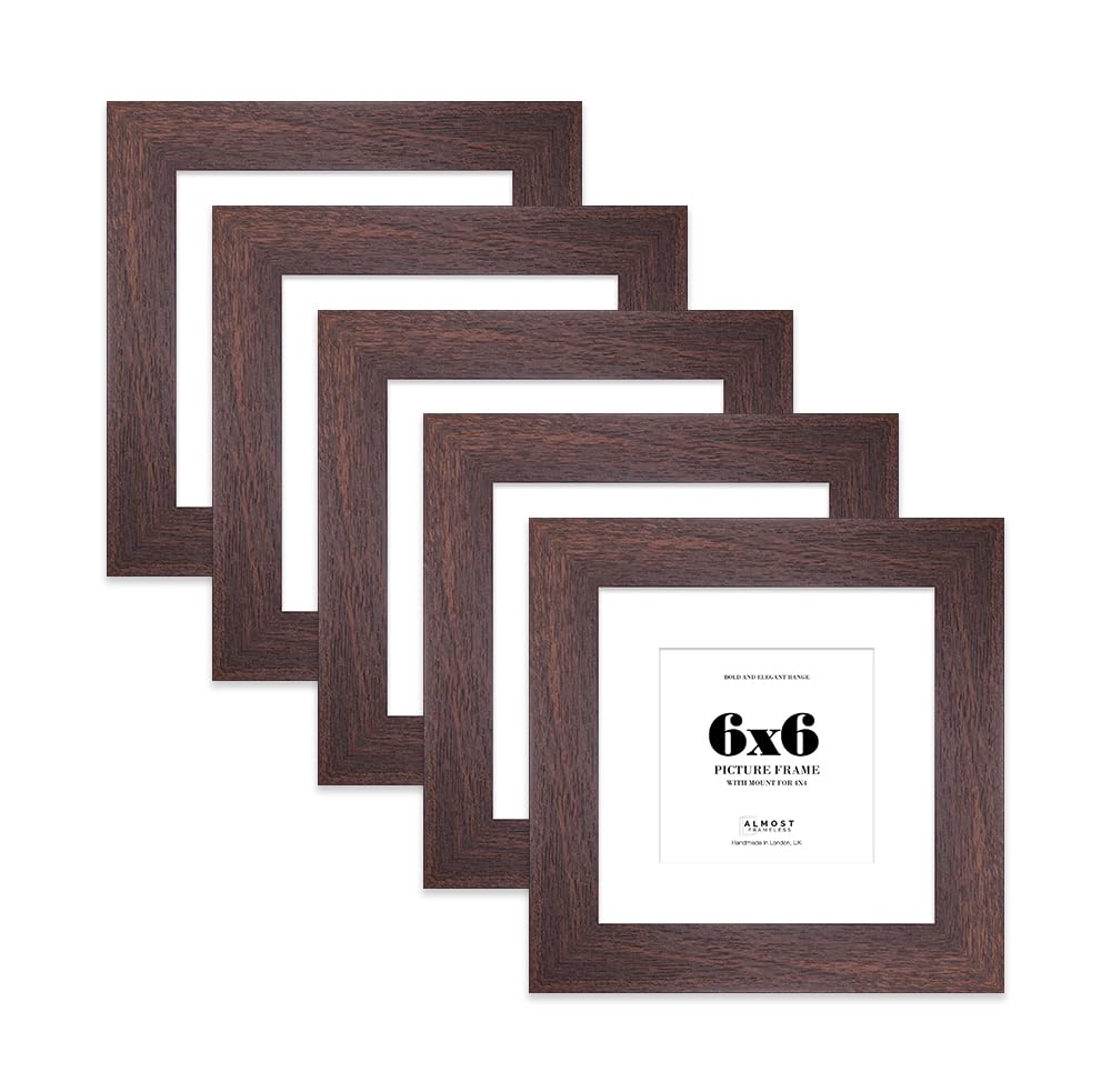 6x6" Walnut Square Frame With Mount for 4x4" Pictures 28mm Edge Frame Display with Wall Hooks and Kickstand, 5 Pack