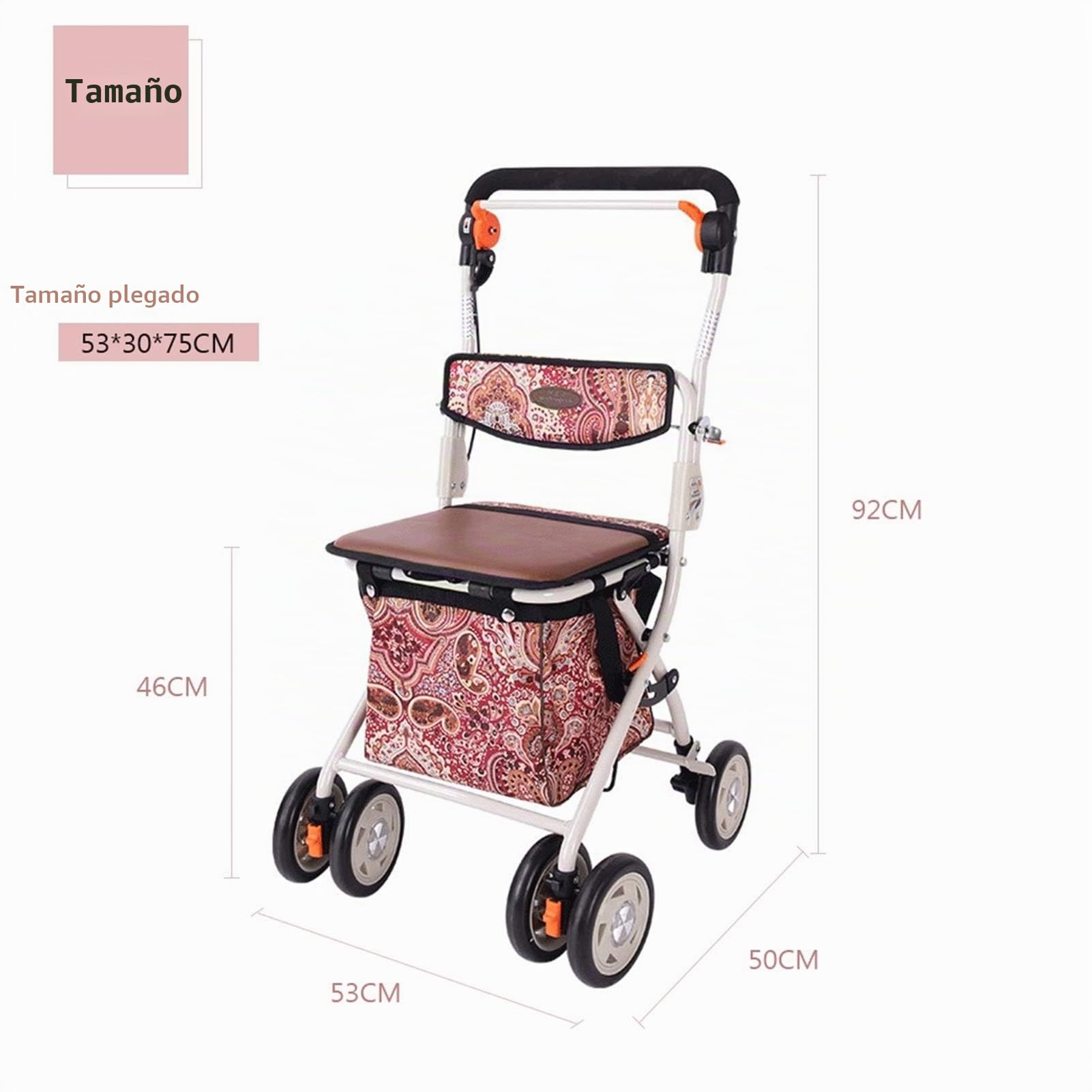 Andador con asiento, plegable ligero, altura ajustable, asiento acolchado, cesta de transporte, frenos bloqueables, fácil almacenamiento y transporte