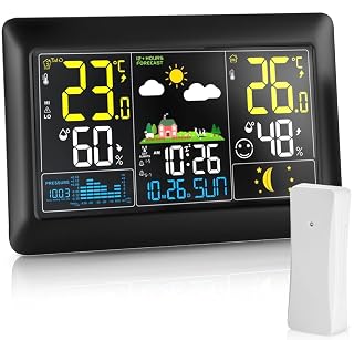 2025 Groß Wetterstation funk mit Außensensor 7,5 Zoll VA-Display DCF Funkuhr, Großes Farbdisplay mit Innen und Außentemperatur Luftfeuchtigkeit, Wettervorhersage mit DC Netzteil Schwarz - Amazon product rated Grade A
