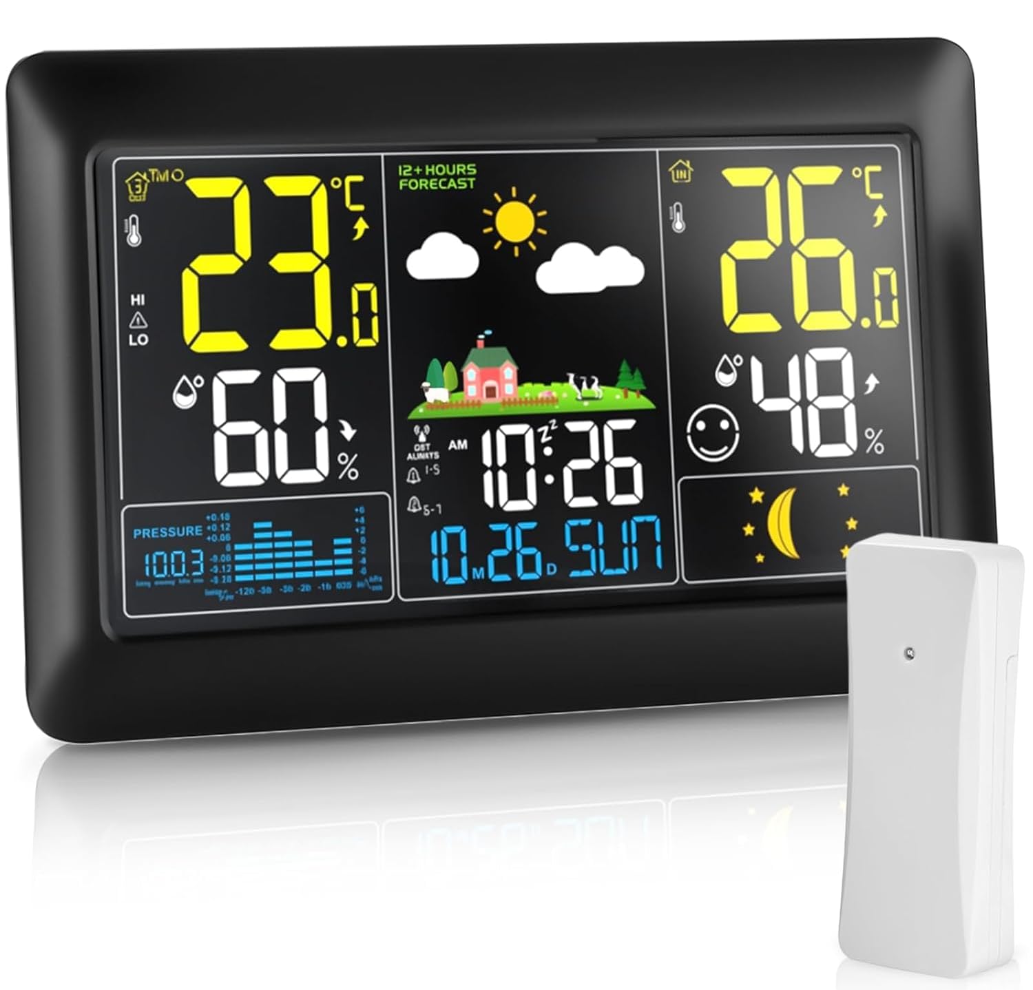 2025 Groß Wetterstation funk mit Außensensor 7,5 Zoll VA-Display DCF Funkuhr, Großes Farbdisplay mit Innen und Außentemperatur Luftfeuchtigkeit, Wettervorhersage mit DC Netzteil Schwarz