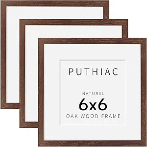 6x6 Oak Wood Picture Frame - Minimalist 6x6 Picture Frame, 6"x6" Frame Wood, Natural Solid Wooden Picture Frames for Wall Art Photo and Prints(3 Pack, Walnut)