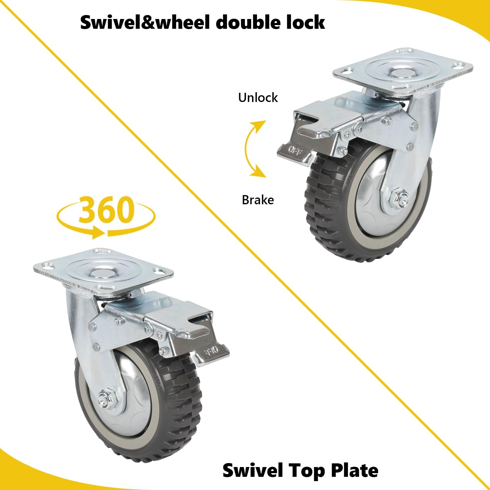 uyoyous - 4 ruote per piastre da 150 mm, con freno, girevoli a 360°, ruote per il trasporto, ruote in gomma piena, portata 600 kg (2 ruote girevoli + 2 ruote freno)