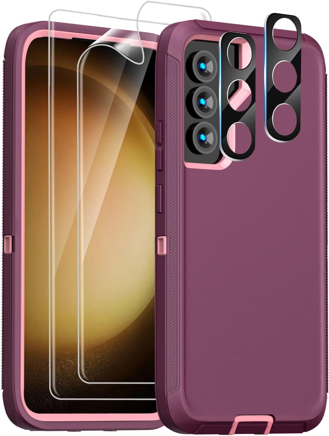 FEIYAR HOME Case for Samsung Galaxy S23 Case, with 2 Pcs[Camera Protector + Soft Screen Protector], Military Grade Heavy Duty Full Body Protection Shockproof Phone Case for Galaxy S23 5G -Wine Pink