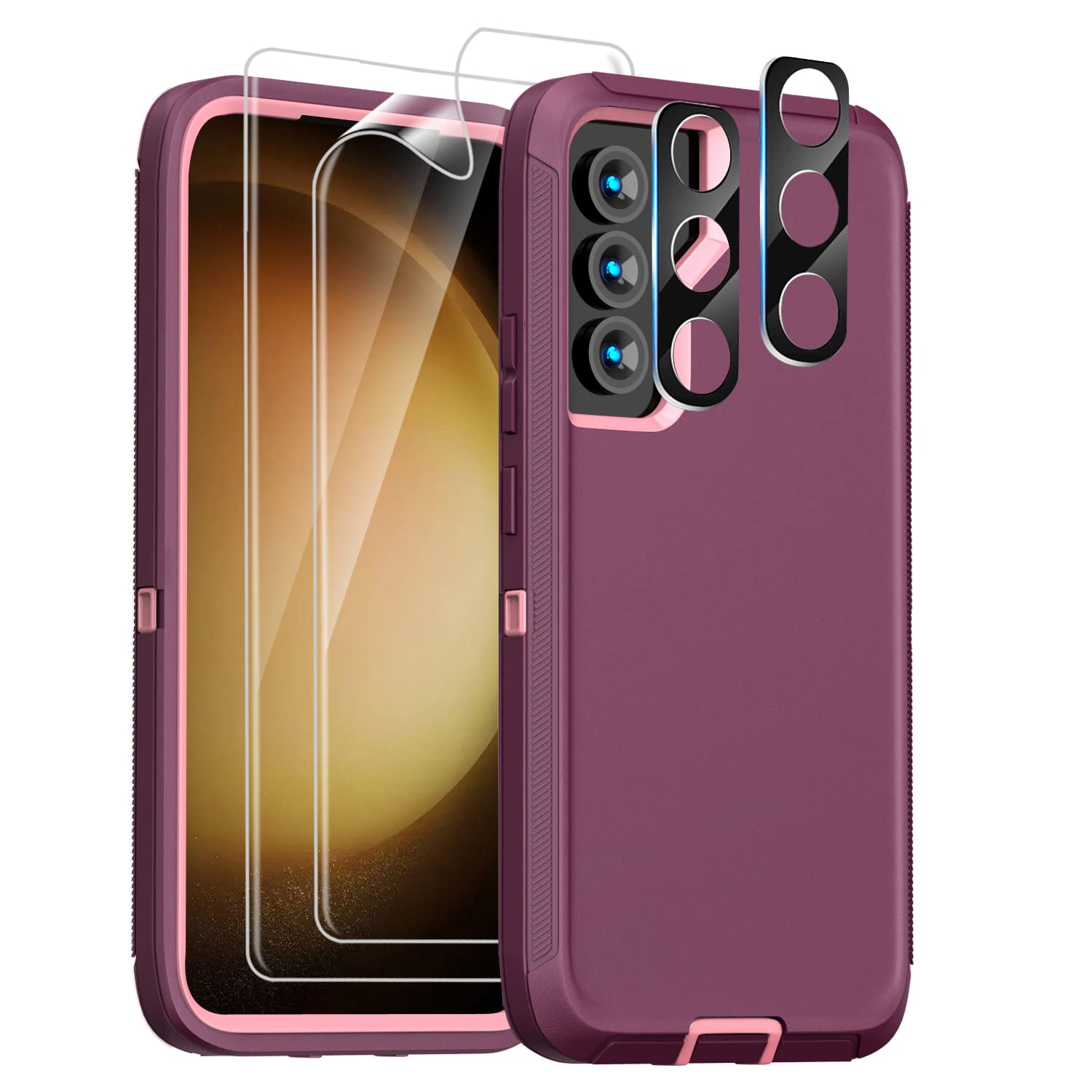 FEIYAR HOME Case for Samsung Galaxy S23 Case, with 2 Pcs[Camera Protector + Soft Screen Protector], Military Grade Heavy Duty Full Body Protection Shockproof Phone Case for Galaxy S23 5G -Wine Pink