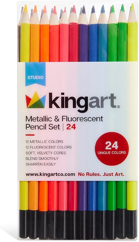 KINGART Metallic & Fluorescent Artist Quality 24 Ct. Colored Pencil Set, 24 Unique Colors, Pre-Sharpened for Sketching & Drawing Paper, Coloring Book Design and Mixed Media Art