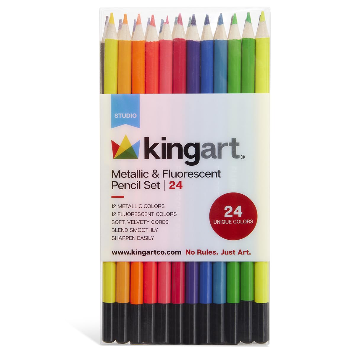 KINGART 312-24 Metallic & Fluorescent Artist Quality 24 Ct. Colored Pencil Set, 24 Unique Colors, Pre-Sharpened for Sketching & Drawing Paper, Coloring Book Design and Mixed Media Art