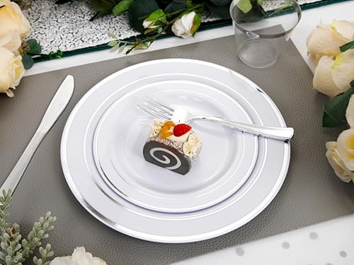 Miniatura 4 de Gather 176 platos de plata  Platos desechables de plástico plateado incluye 50 platos, 75 cubiertos, 25 servilletas, 25 vasos con borde plateado y 1