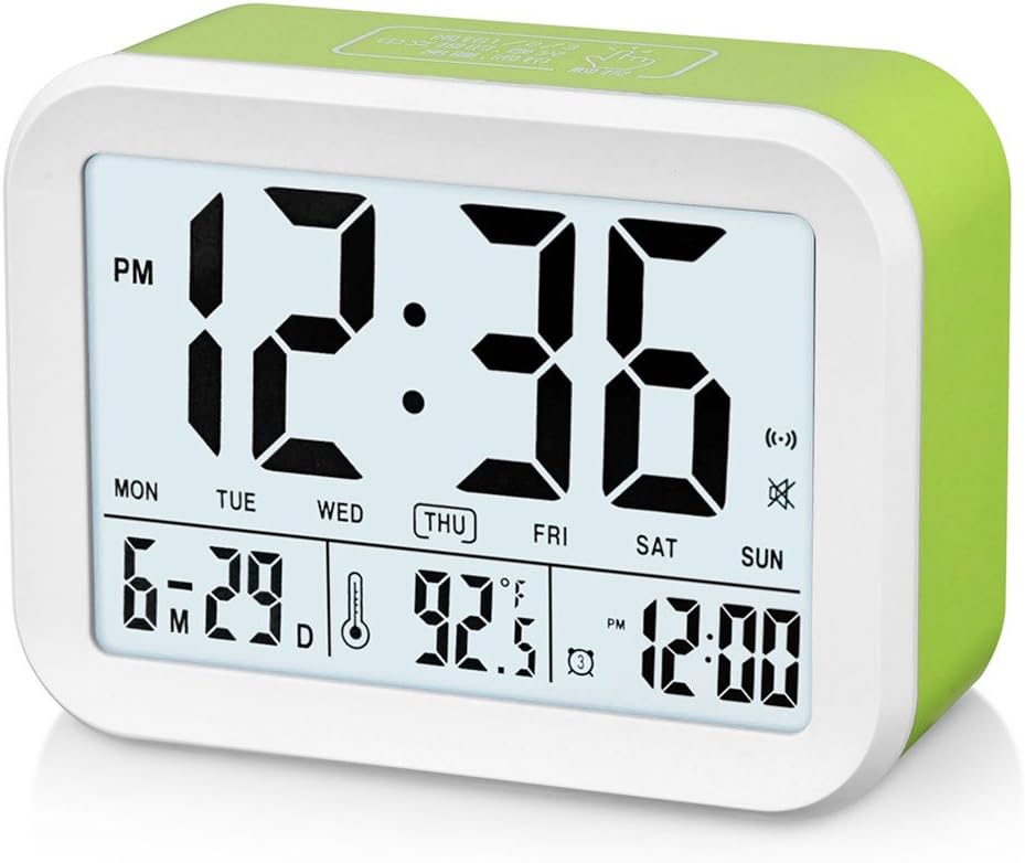 FAMICOZY Talking Alarm Clock with Smart Light and Snooze,7 Sounds to Choose,3 Alarms for 5/6/7 Days,Week Date Temperature,12/24hr Battery Operated Clock,Green
