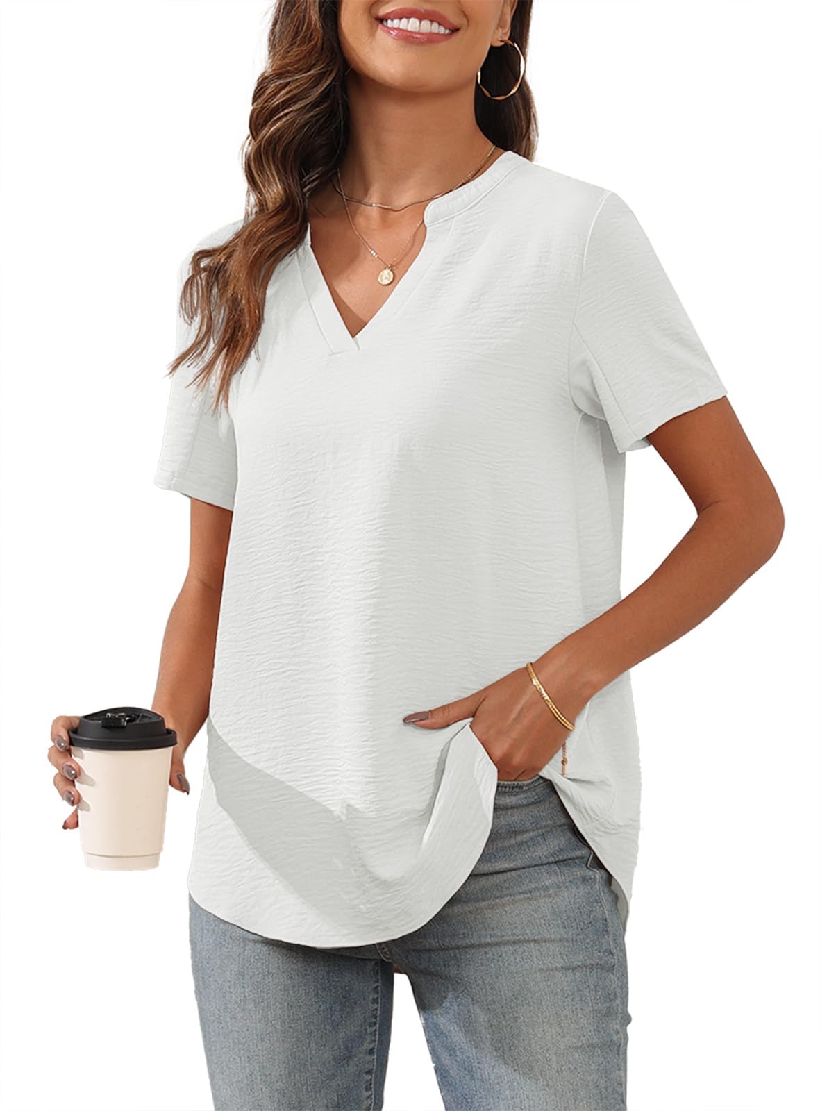 AskyesWomen's 2024 Summer Chiffon Blouses Short Sleeve V Neck Tshirts Casual Loose Flowy Dressy Tops for Leggings Blouse