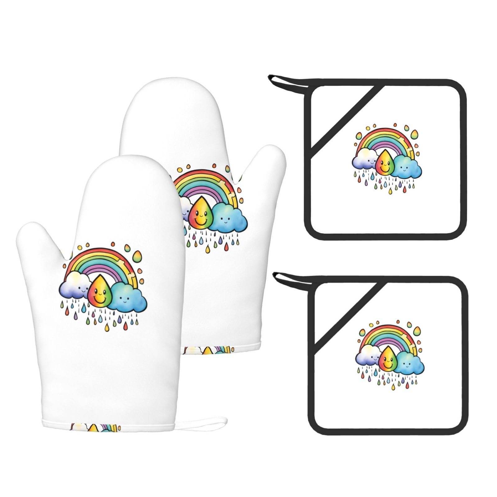 Nimongt Black Rainbow Clouds Raindrop 1 Print Heat Resistant Gloves Pads Reusable Kitchen Set Oven Baking Grilling Cooking